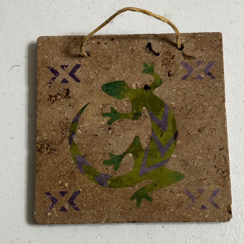 Southwestern Gecko Lizard Stone Tile Wall Hanging Decor Green Purple 5.5‎ Inch